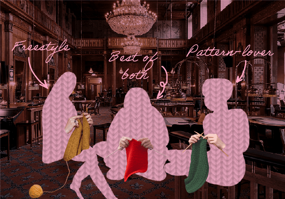 Freestyle, Best of both, Pattern-lover: drei Strickmäuse vor einer gemütlichen Bibliothek